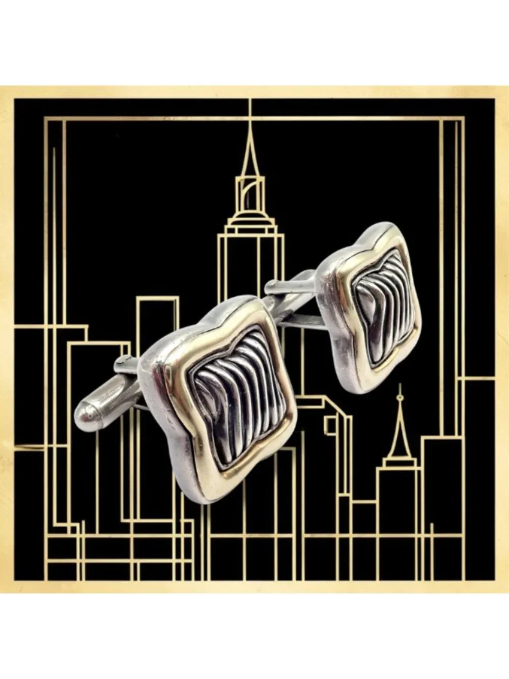 Authentic! David Yurman DY Silver 18k Yellow Gold Large Quatrefoil Cufflinks